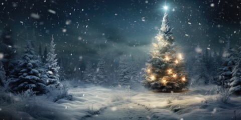 image of a decorated christmastree in the winter forest with candle lights. 