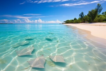Scenic beach featuring clear blue waters and elegant sting ray fish. Generative AI - obrazy, fototapety, plakaty