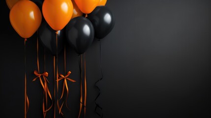 Balloons with orange ribbons and bow - obrazy, fototapety, plakaty