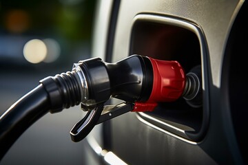 Close-up of fuel dispenser nozzle filling car tank. Generative AI - obrazy, fototapety, plakaty