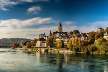 Fototapeta na wymiar A wide cityscape with ancient Schaffhausen and the historic Munot fortress in Switzerland. Generative AI
