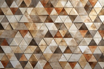 Arrangement of triangular mosaic tiles forming a wall with polished, natural stone bricks stacked to create a 3D block background. Rendered in 3D. Generative AI