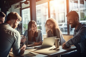 group of young people in a modern cafe discussing business ideas.