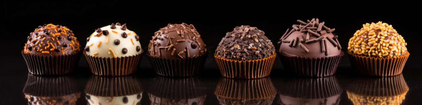 Closeup of typical brazilian brigadeiros, various candy flavors.
