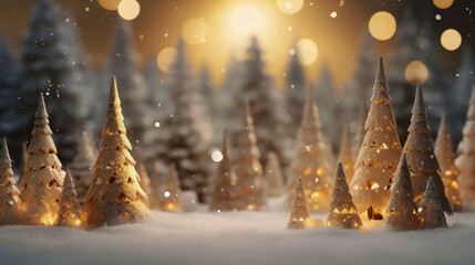 Christmas, advent, winter, holiday, landscape wiht snow, abstract, christmas trees, sparkles, warm background with bokeh