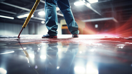 The worker applies gray epoxy resin to new floor - obrazy, fototapety, plakaty