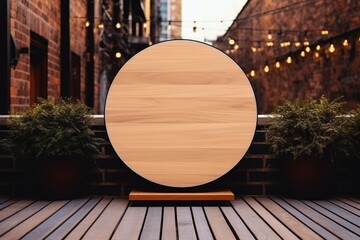 circle mockup of street store template signboard on empty wood wall.