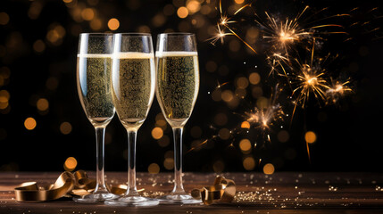 Silvester, New year eve, full champagne glases, golden ribbon, warm golden background with golden bokeh and firework at night
