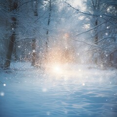 light background. winter forest with bokeh lights. 