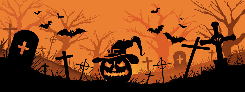 Happy Halloween banner. Halloween pumpkins and bats in graveyard. Spooky banner for web and website. 2d illustration with orange color.