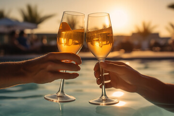 a couple toasting with two glasses of champagne at the side of a swimming pool 
