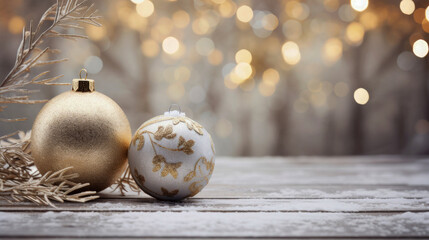 Christmas, celebration, advent, holiday, gold white baubles,  branch, layong on wooden table, background with golden effekts and bokeh
