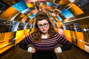 Powerful image of a serious woman with glasses, hands on hips in a vibrant, psychedelic subway corridor.