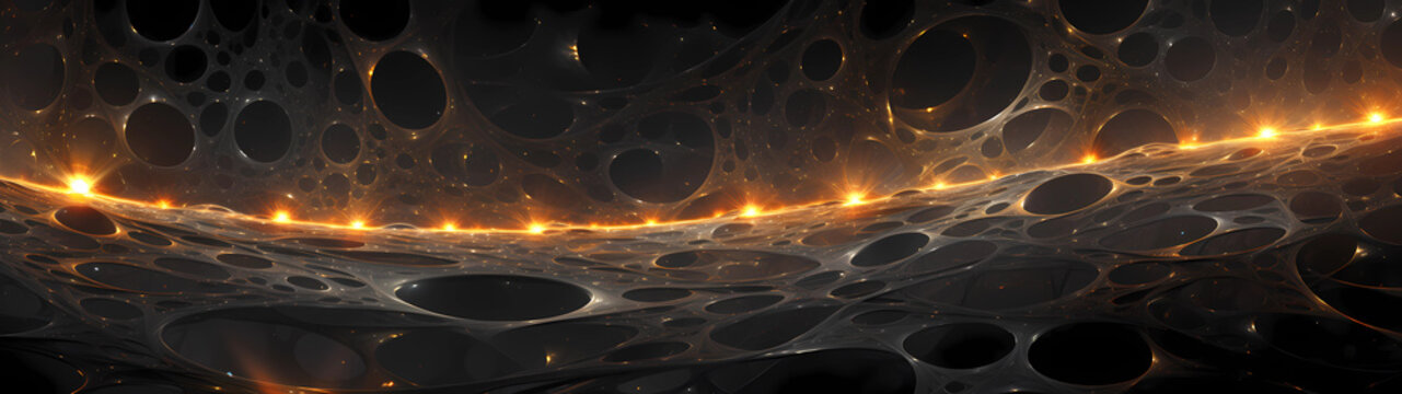Ultra-wide view of the nanoscale realm, tiny ferromagnetic spheres interconnect through intricate, fractal-like networks, guiding shimmering ferrofluid currents
