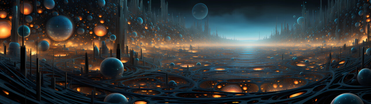 Ultra-wide view of the nanoscale realm, tiny ferromagnetic spheres interconnect through intricate, fractal-like networks, guiding shimmering ferrofluid currents