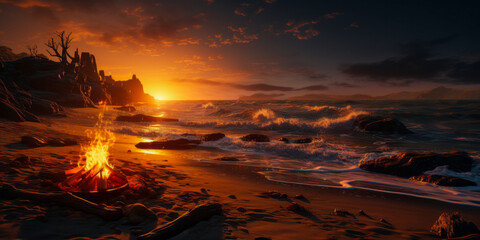 Breathtaking sunset over the ocean with a beach bonfire.