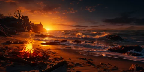 Fotobehang Breathtaking sunset over the ocean with a beach bonfire. © XaMaps