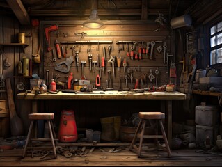 workingbench with equipment on the wall.  - obrazy, fototapety, plakaty
