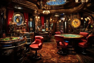 Opulent gambling den adorned with roulette and slots. Generative AI