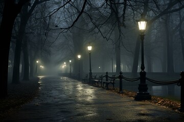 Misty park path under dark, rainy sky with street lamps. Generative AI - obrazy, fototapety, plakaty