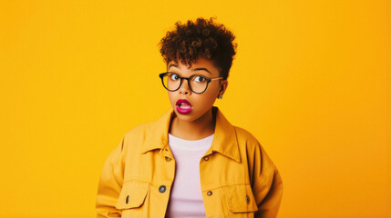 Fototapeta premium Young african american girl wearing glasses and casual jacket with a serious shocked face. Surprised looking at the camera.