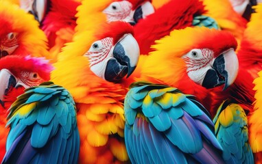 Vibrant rainbow colors of plumage of tropical parrots