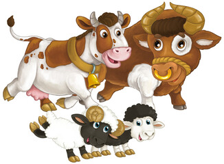 cartoon scene with happy farm animal cow and bul and two sheep having fun together isolated illustration for children