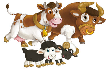 cartoon scene with happy farm animal cow and bul and two sheep having fun together isolated illustration for children