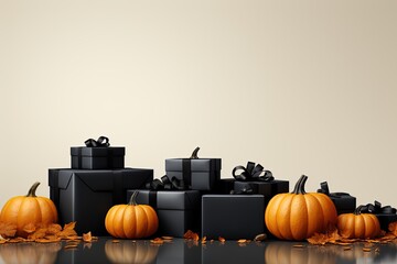 Boxes and pumpkins, Minimal background for Black Friday, Christmas, New year and sale event concept - obrazy, fototapety, plakaty