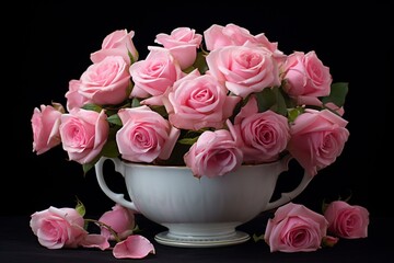 pink roses arranged in cup. Generative AI