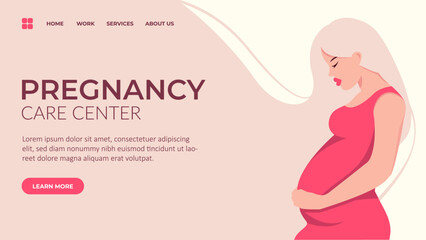 Banner, template of pregnancy and motherhood Pregnant woman motherhood support. Vector cartoon landing page
