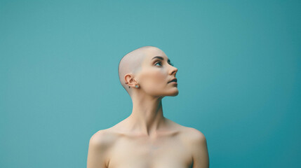 Portrait of a beautiful bald nude woman looking away isolated on blue background.