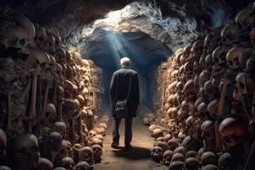Older man explorer and archeologist discovering a mausoleum filled with bones and skulls (Generative AI) - obrazy, fototapety, plakaty