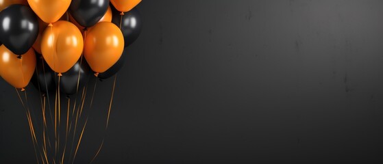 Black balloons with golden ribbons on a black background.