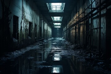 An abandoned, dark passageway within dilapidated correctional facility. Generative AI