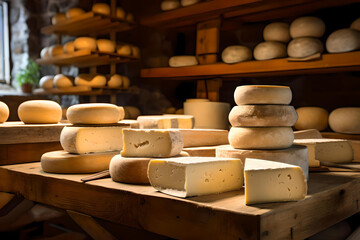 Wooden Shelves with cheeses in the cellar, A cheese aging cellar, Swiss Cheese, Cheese-making, Cheeses