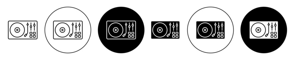 Turntable Icon set. dj play record vector symbol. music mixer disc player sign in black filled and outlined style.