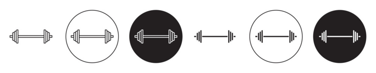 Weight barbell icon set. gym dumbbell lifting vector symbol in black filled and outlined style. - obrazy, fototapety, plakaty