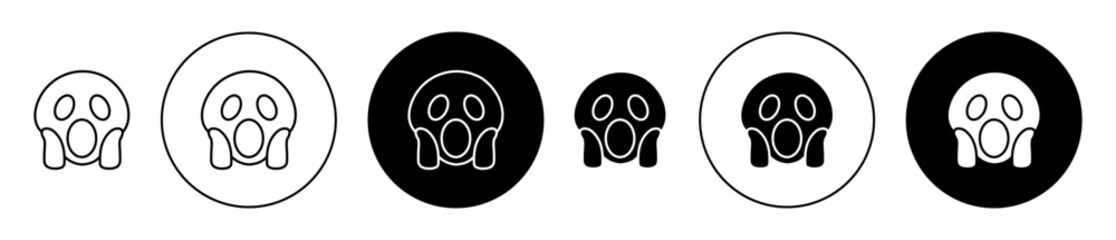 Shocked face emoji icon set. scary or fear face vector symbol in black filled and outlined style.