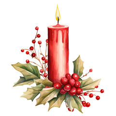 Christmas candle watercolor  illustrations.  Vector Holidays illustration of red candle, berry branch and holly leaves.