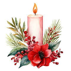 Christmas candle watercolor  illustrations.  Vector Holidays illustration of red candle with fower.