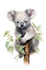 Koala bear surrounded by foliage on a branch isolated on a white background watercolor style