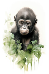 Portrait of a monkey surrounded by foliage isolated on a white background watercolor style