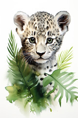 Leopard cub surrounded by foliage isolated on a white background watercolor style