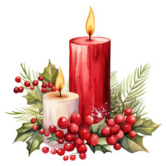 Christmas candle watercolor  illustrations.  Vector Holidays illustration of red and white  candle with berry branch and holly leaves. 