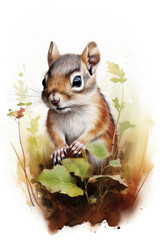 Squirrel surrounded by foliage isolated on a white background watercolor style