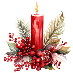 Christmas candle watercolor  illustrations.  Vector Holiday illustration of red candle with flower and leaves.