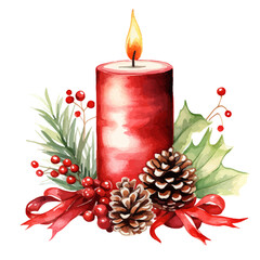 Christmas candle watercolor  illustrations.  Vector Holidays illustration of red candle with pine and berry brunches.