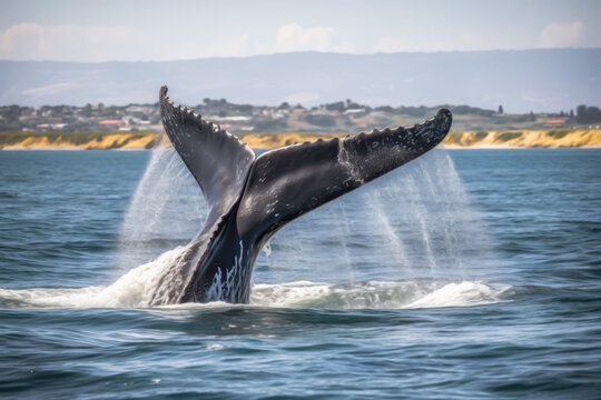 WHALE TAIL OUT OF WATER.