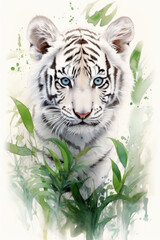 White tiger surrounded by foliage isolated on a white background watercolor style